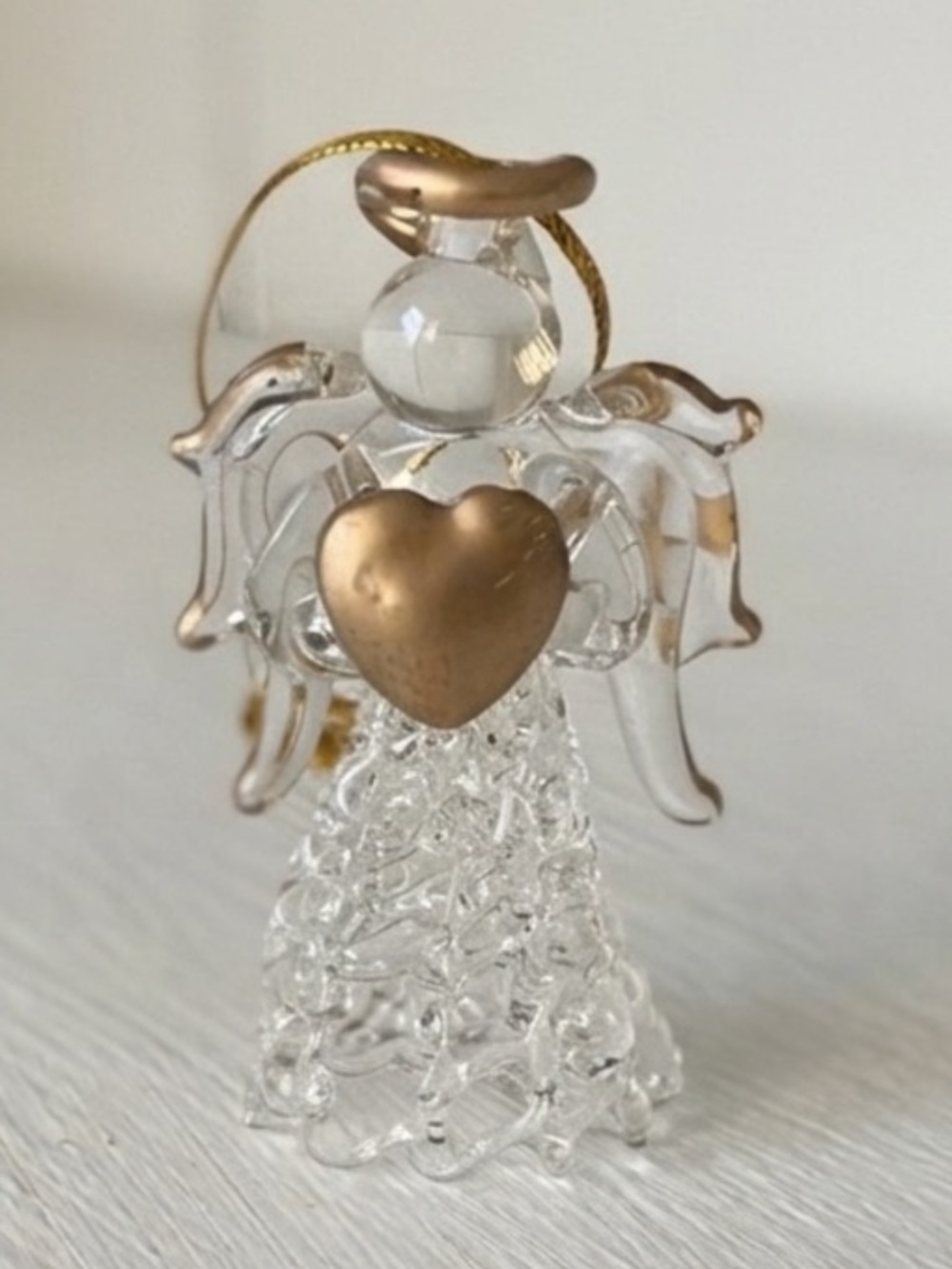 3D Clear Glass Angel Figurine with Gold Heart & Halo Christmas Ornament